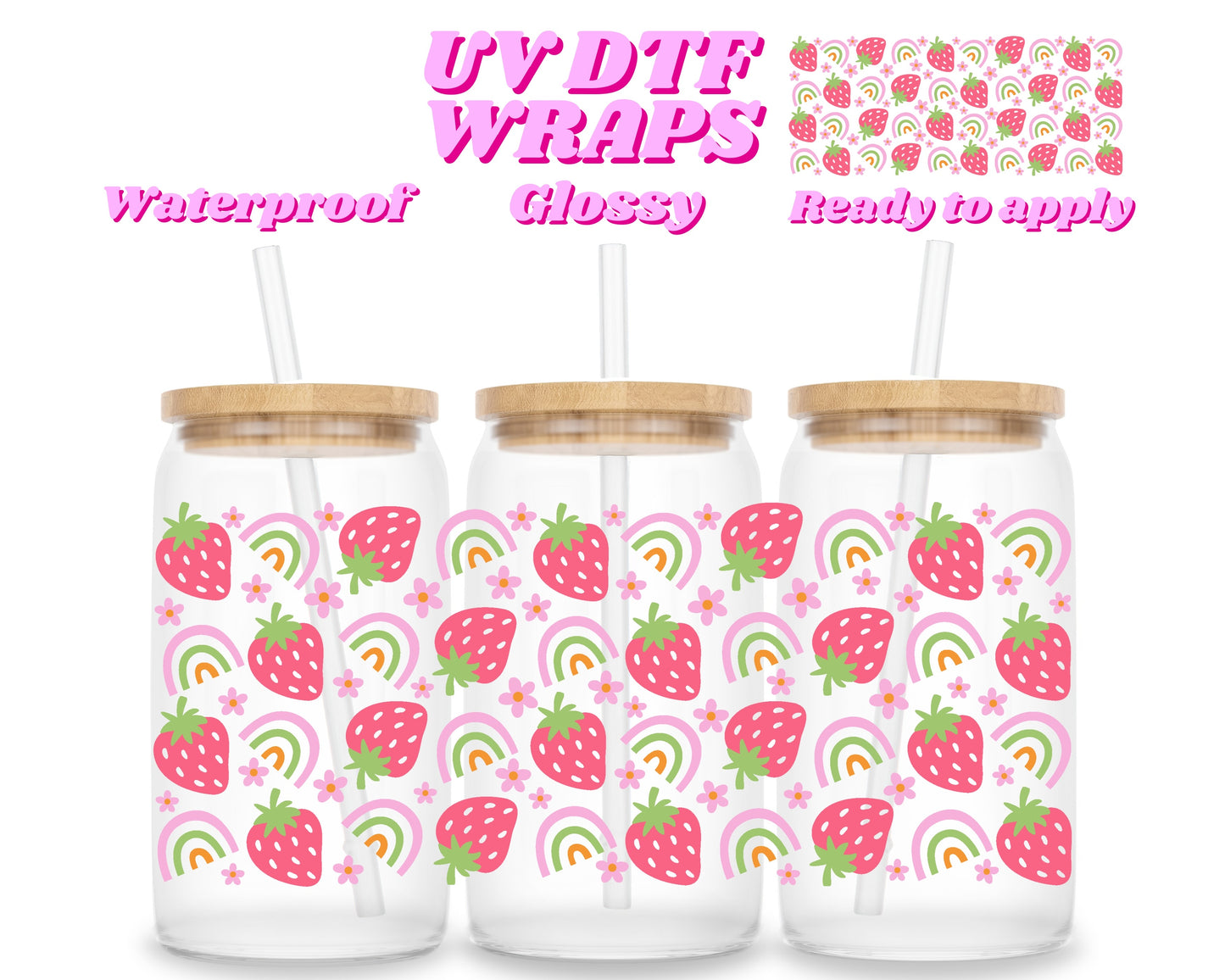 Strawberries & rainbows | UV DTF glass can wrap