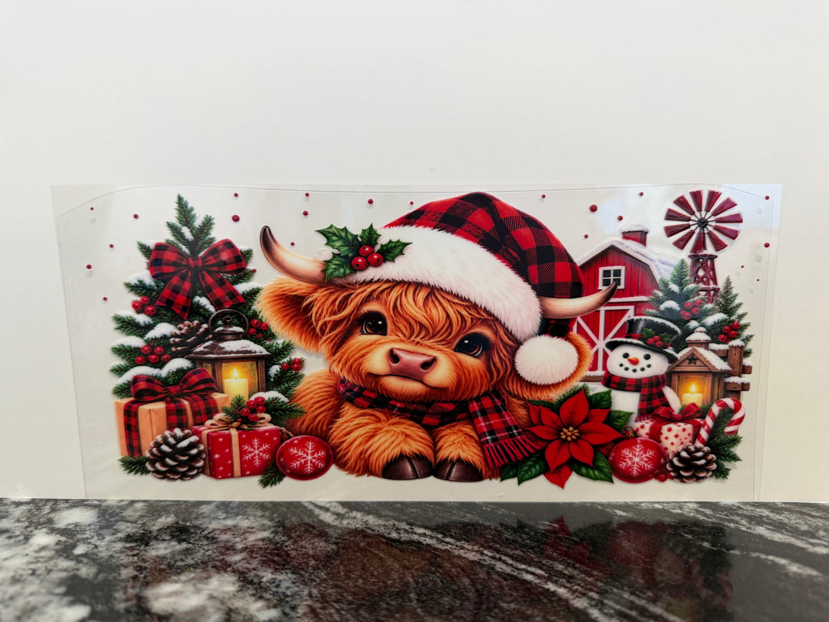 Santa hat highland cow | 16oz UV DTF wrap