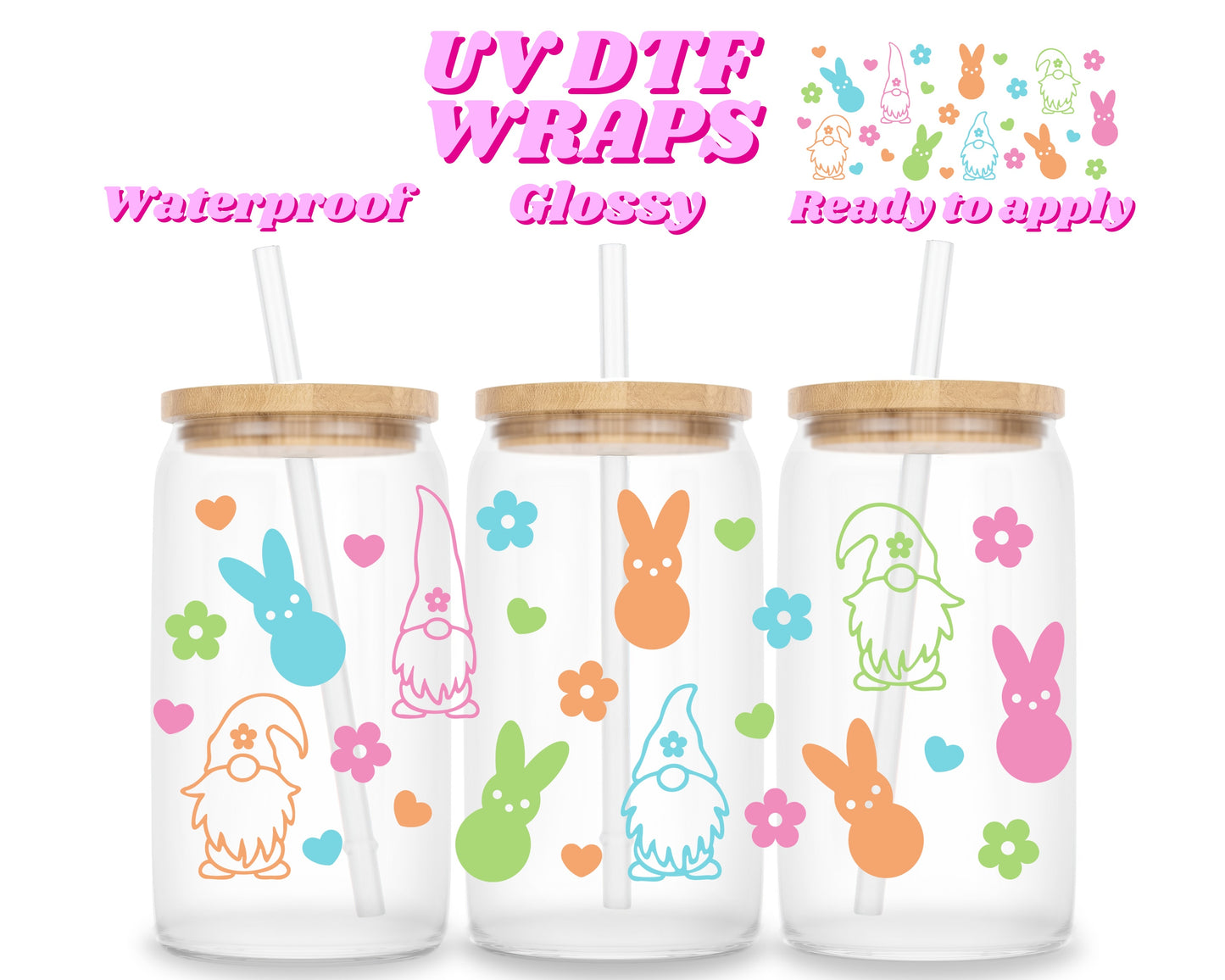 Gnomes & bunnies | UV DTF glass can wrap