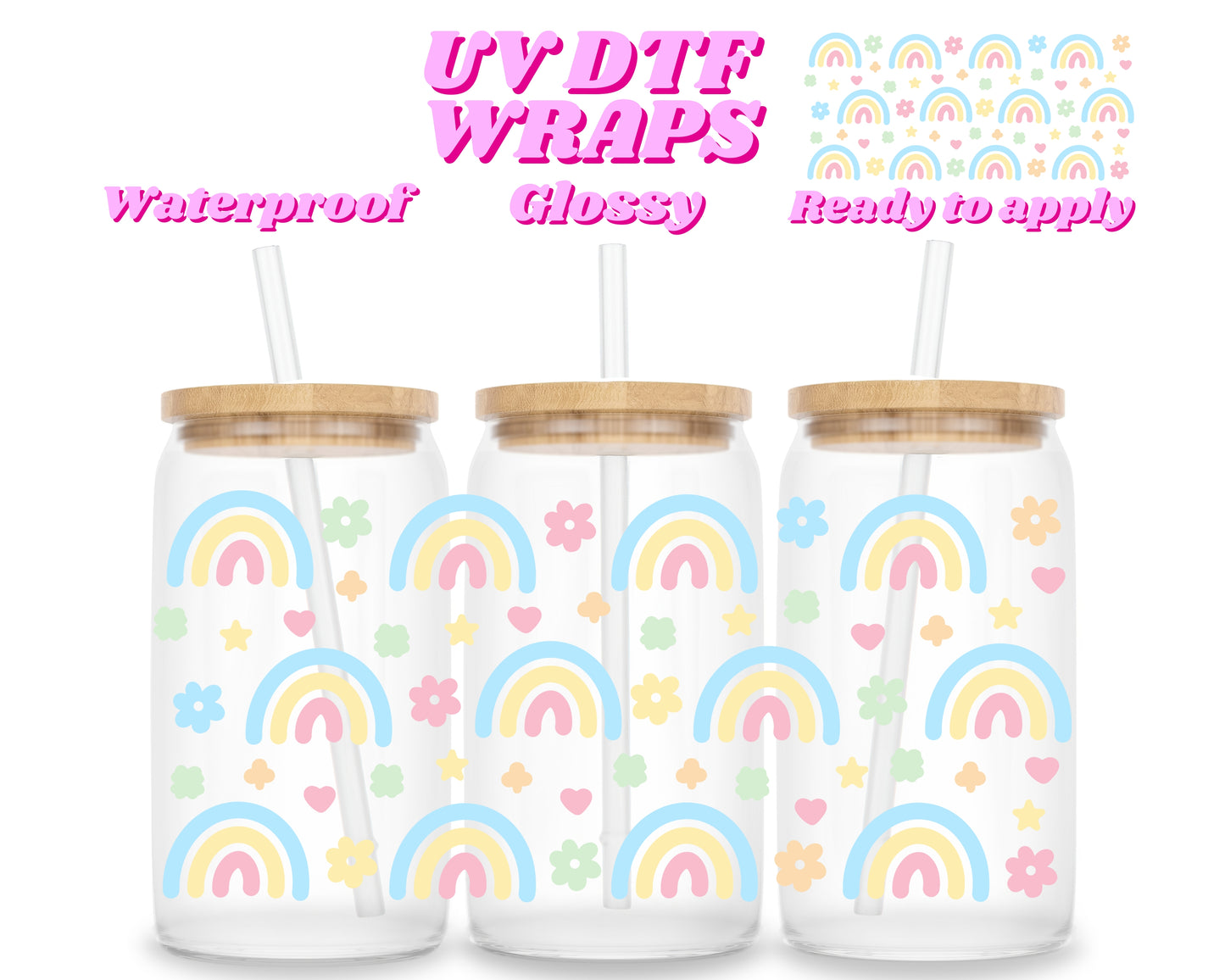 Pastel rainbows | UV DTF glass can wrap