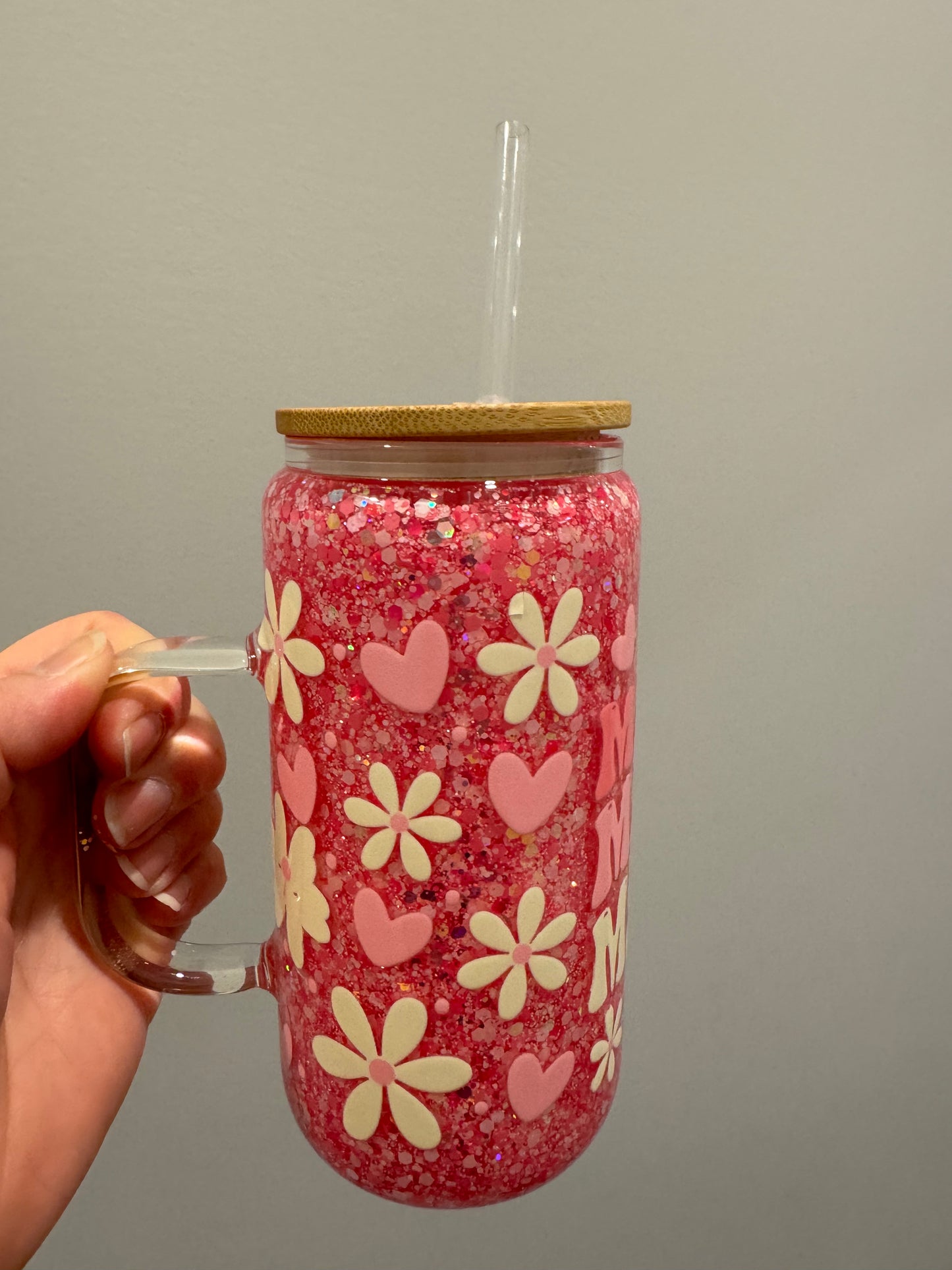 pink mama 16oz glass can with handle snowglobe