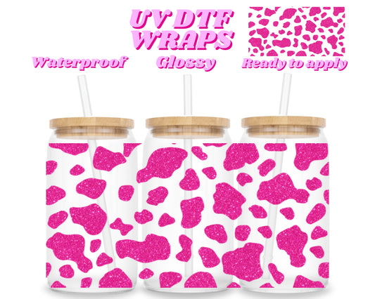 Sparkly pink cow print | UV DTF glass can wrap