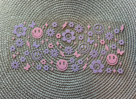 Purple flowers & smileys | UV DTF glass can wrap