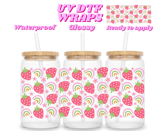 Strawberries & rainbows | UV DTF glass can wrap