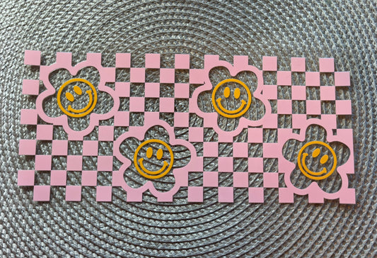 Pink smiley checkered | UV DTF glass can wrap