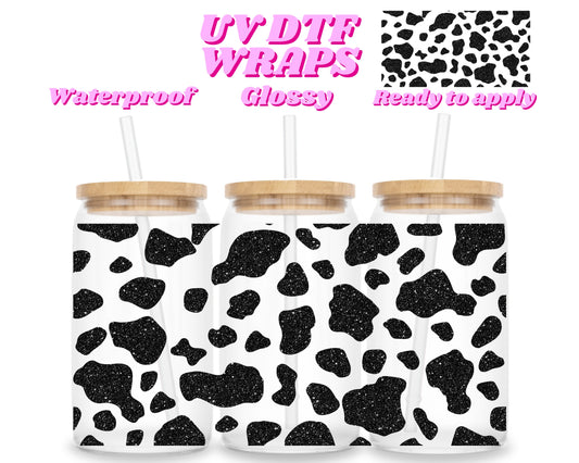 Sparkly black cow print | UV DTF glass can wrap