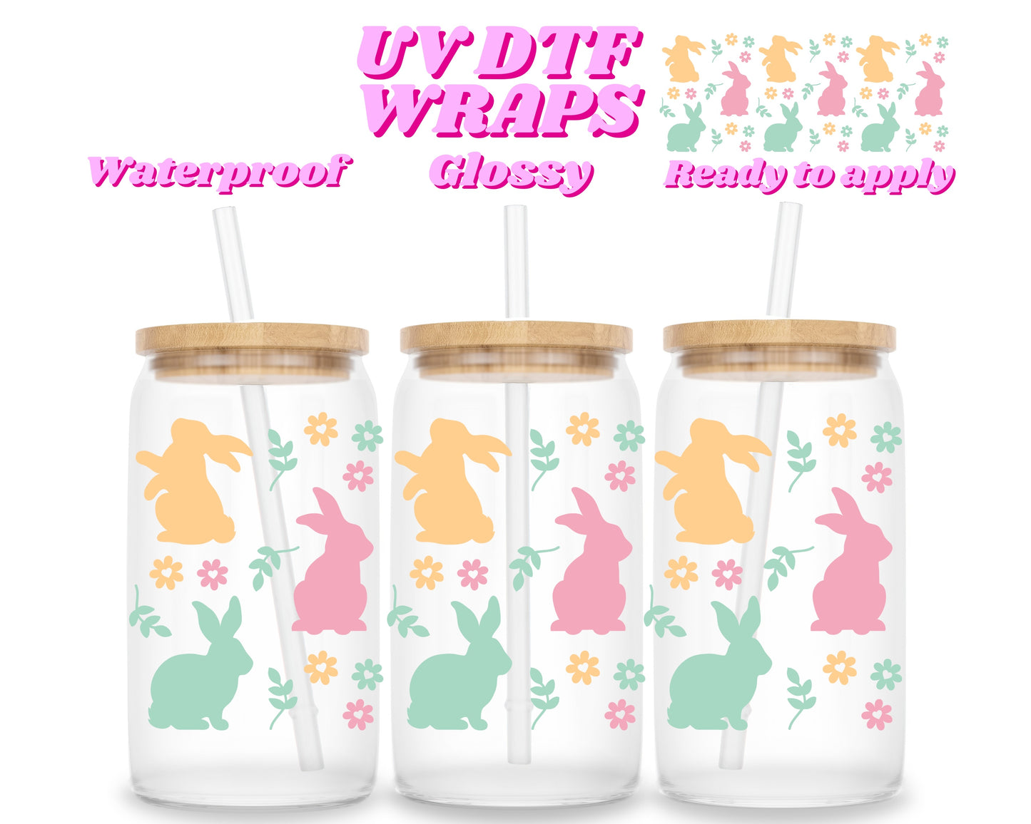 Pastel bunnies & flowers | UV DTF glass can wrap