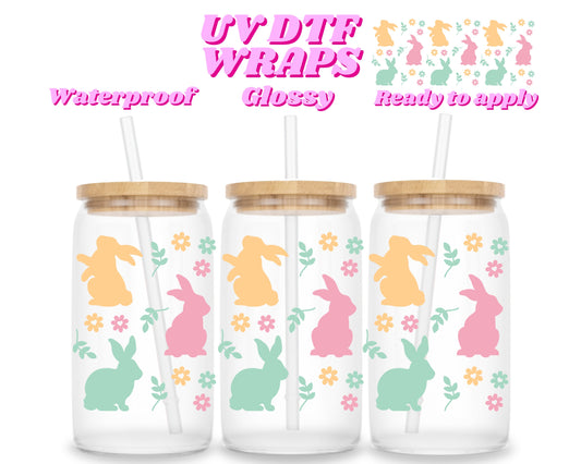 Pastel bunnies & flowers | UV DTF glass can wrap