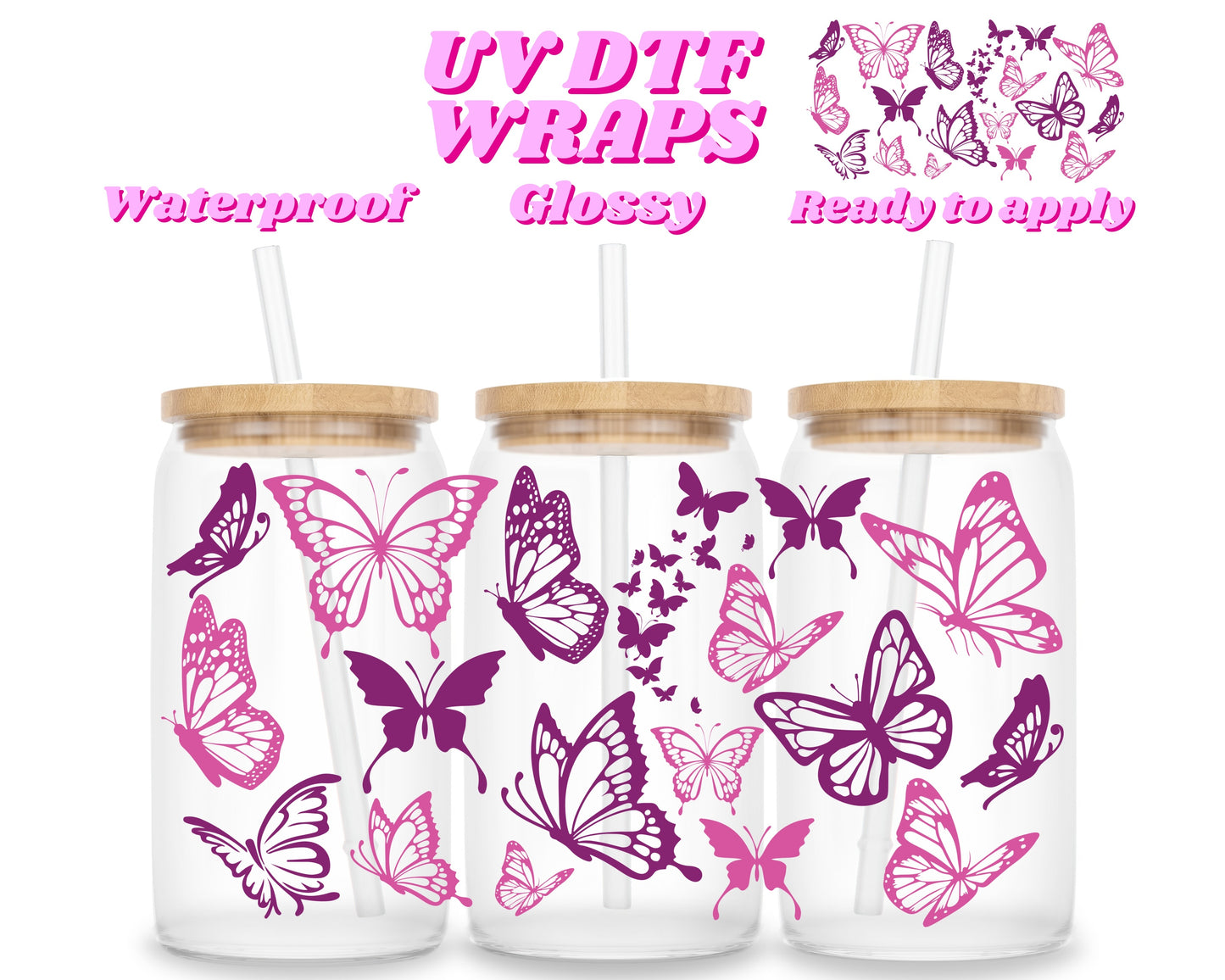 Pink & purple butterflies | UV DTF glass can wrap
