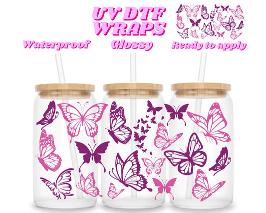 Pink & purple butterflies | UV DTF glass can wrap