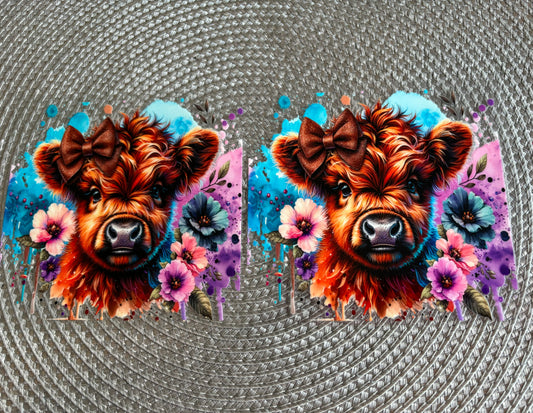 Colourful floral highland cow | UV DTF 16oz glass can wrap