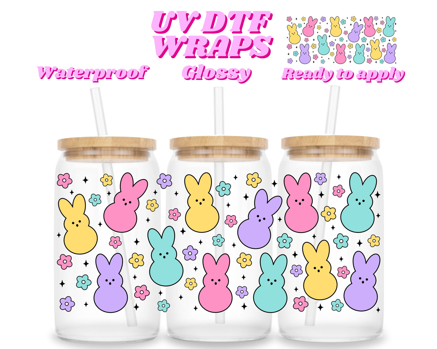 Spring bunnies & flowers | UV DTF glass can wrap
