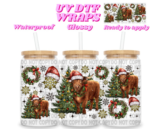 Christmas highland cow | UV DTF glass can wrap