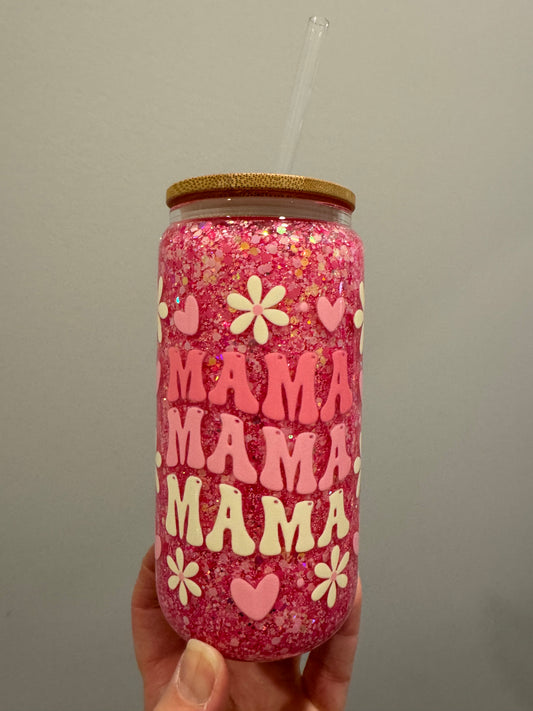 pink mama 16oz glass can with handle snowglobe