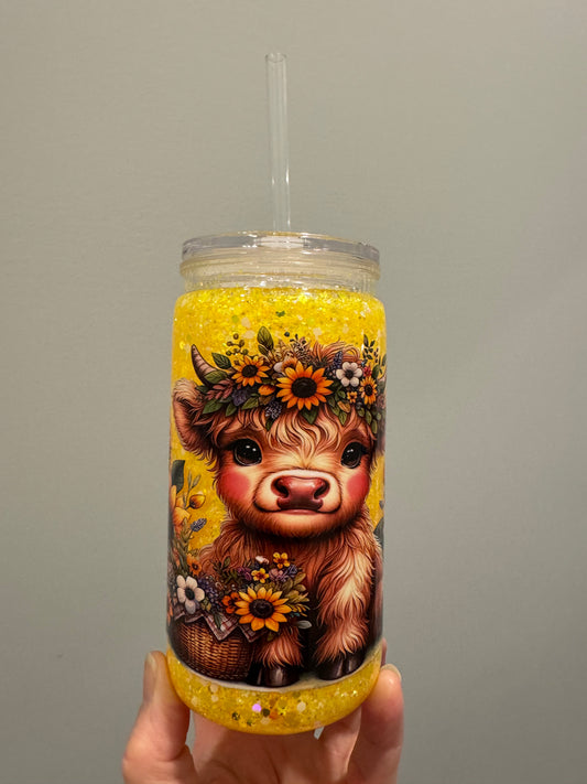 Yellow highland cow 16oz acrylic can snowglobe