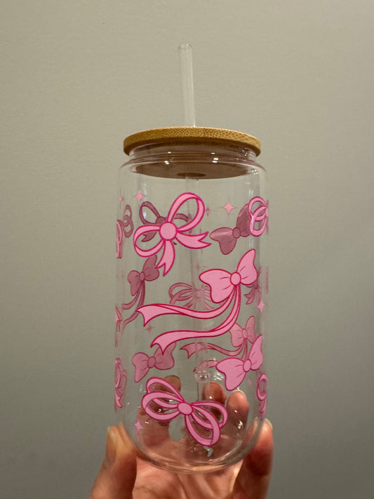 Pink bows 16oz glass can